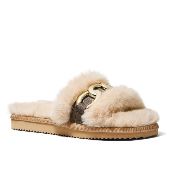 New! MICHAEL KORS Women's Scarlett Chain-trim Slippers Sandals Shoe Camel Multi - Picture 1 of 8